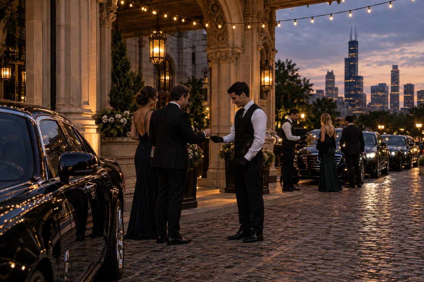 Valet attendants receiving keys from guests at an evening event outside a historic Chicago venue