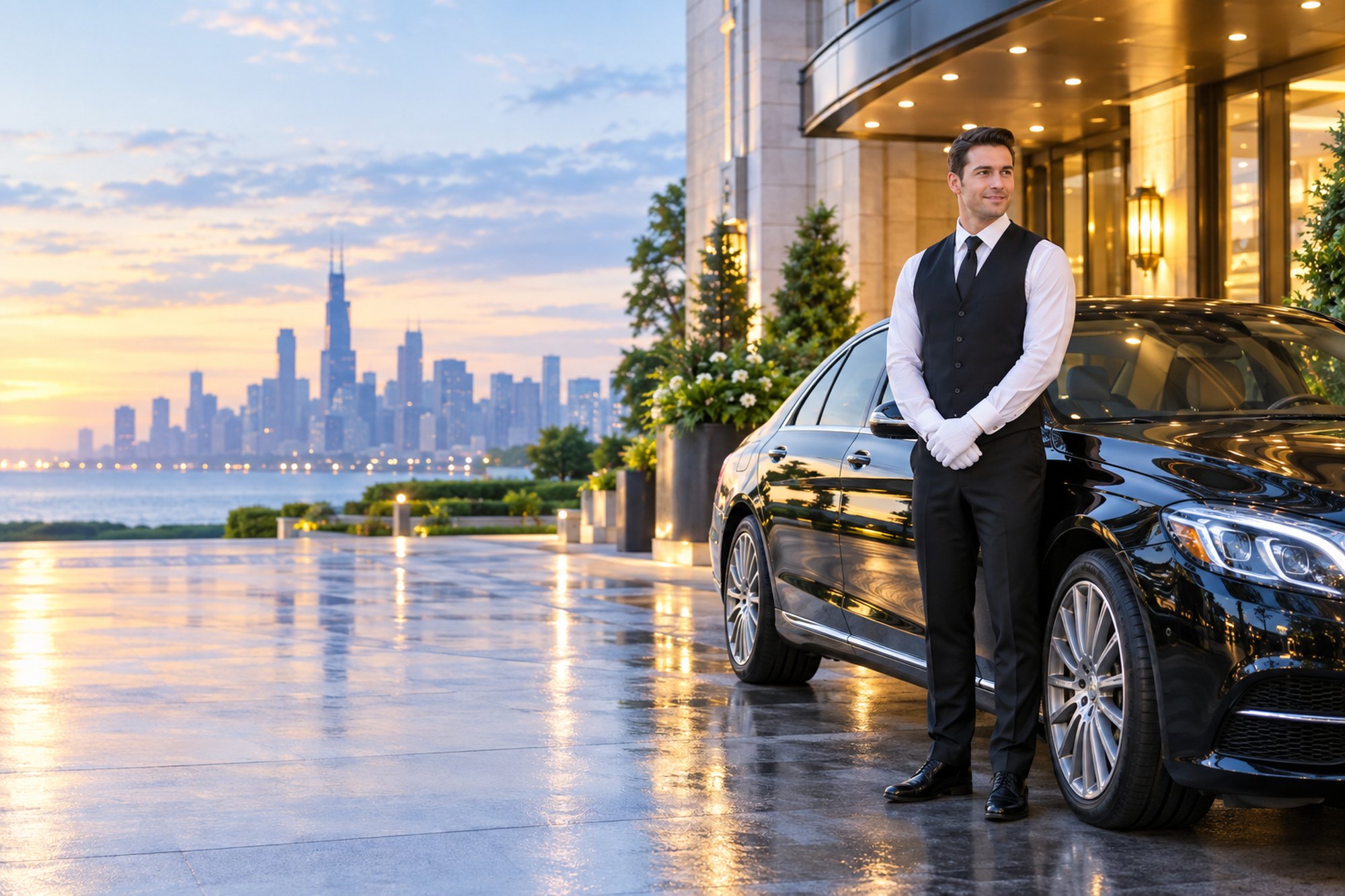 Uniformed Just Park Valet attendant beside a black luxury sedan at an upscale Chicago hotel entrance with the city skyline at dusk