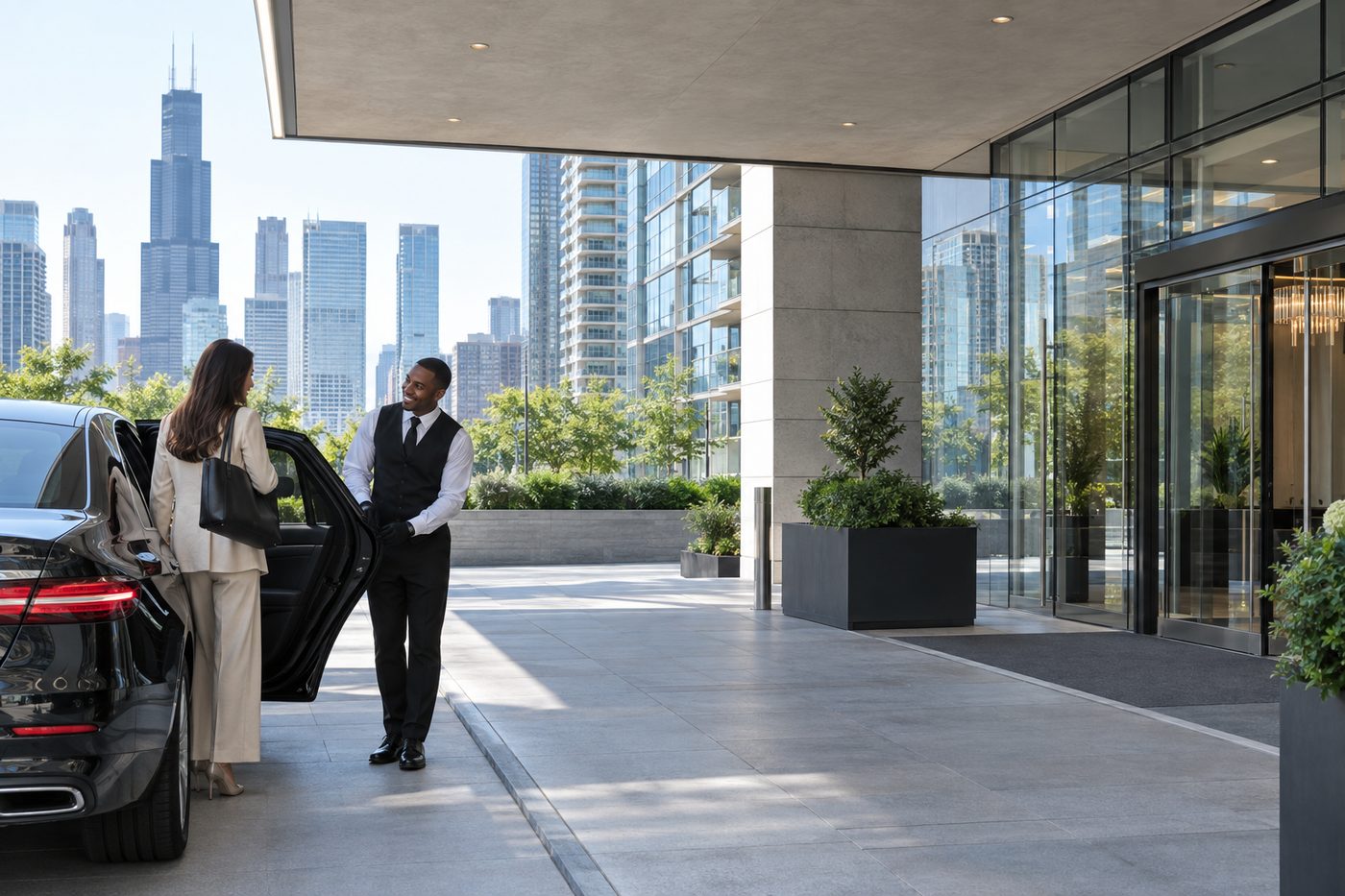 Valet attendant assisting a resident under the canopy of a modern Chicago high-rise